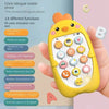 A yellow chicken-shaped bilingual mobile phone toy with various buttons and functions is held in a hand.