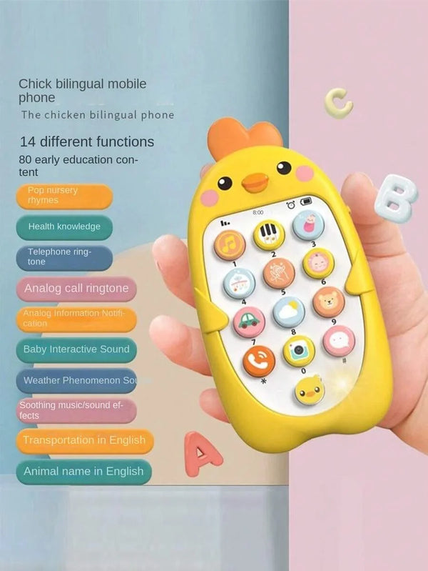 A yellow chicken-shaped bilingual mobile phone toy with various buttons and functions is held in a hand.