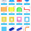 A collection of magnetic building tiles for a STEM learning set, including various shapes like cards, tubes, and castles.