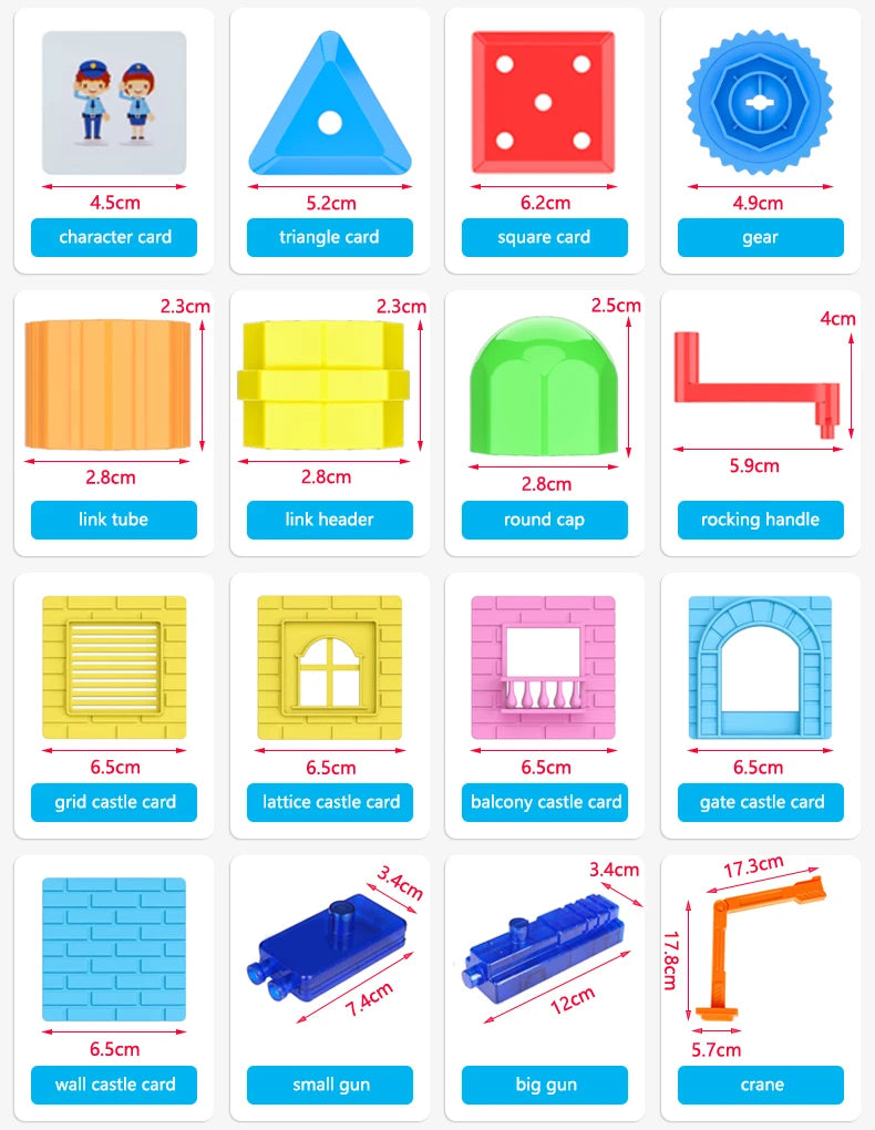 A collection of magnetic building tiles for a STEM learning set, including various shapes like cards, tubes, and castles.
