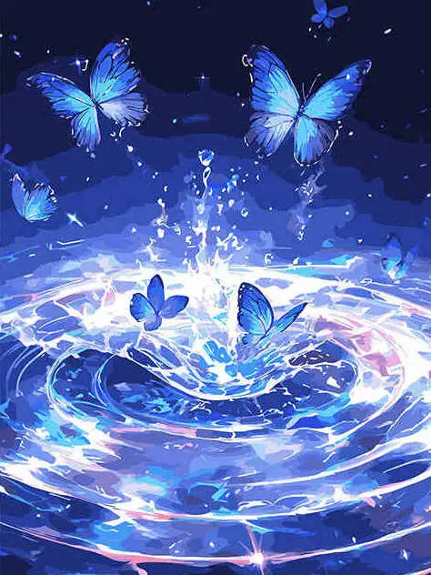 Blue butterflies flying above a swirling blue paint effect on a canvas.