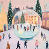 A painting of people skating on ice in front of a large, glowing, spherical Christmas tree.