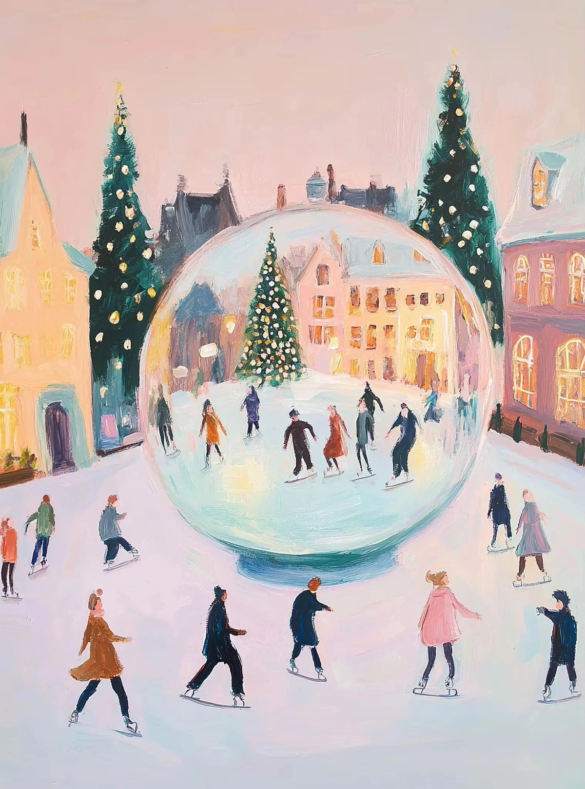 A painting of people skating on ice in front of a large, glowing, spherical Christmas tree.
