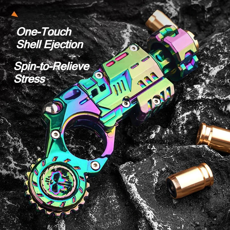 A metallic, iridescent toy pistol with a shell ejection mechanism and spin-to-relieve features is shown on a dark, textured s