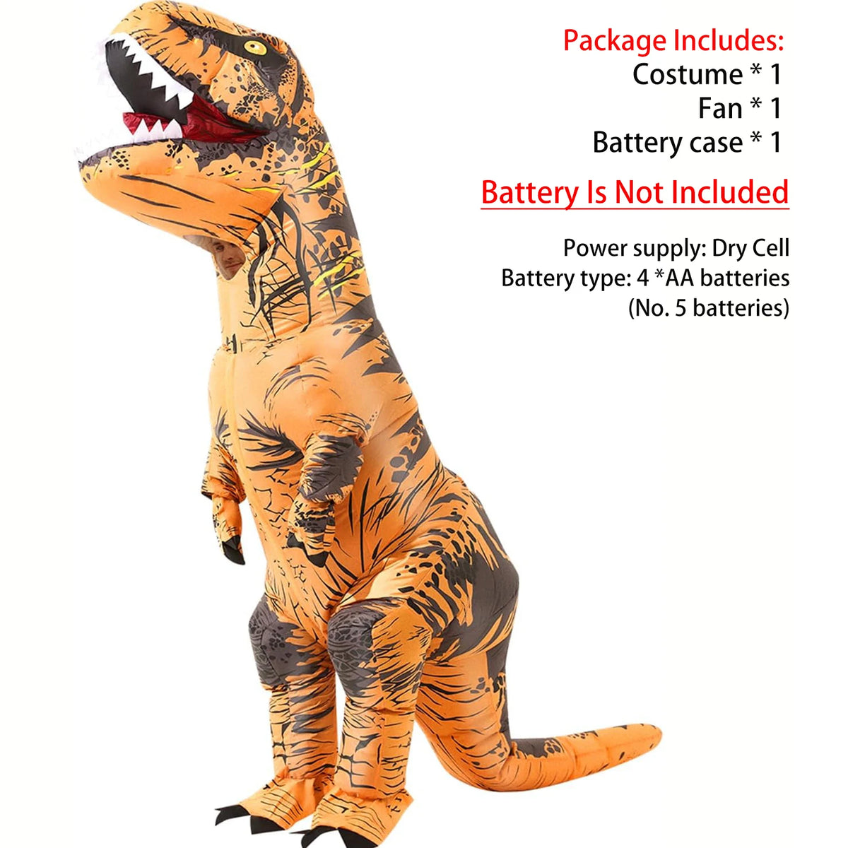 An inflatable orange and black Tyrannosaurus Rex costume for adults.