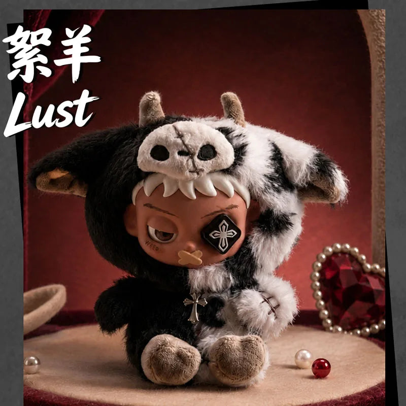 A black and white cat plush figure with horns is displayed against a dark red background.