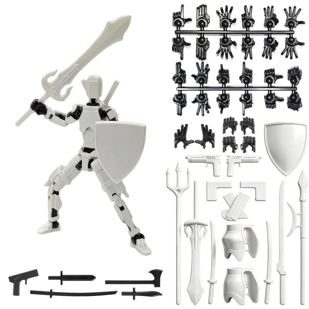 A magnetic multi-jointed action figure building set featuring a white armored figure, various weapons, and display components