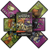 A set of Dungeon Mayhem expansion packs and cards featuring fantasy creatures like a horned beast and various monster charact