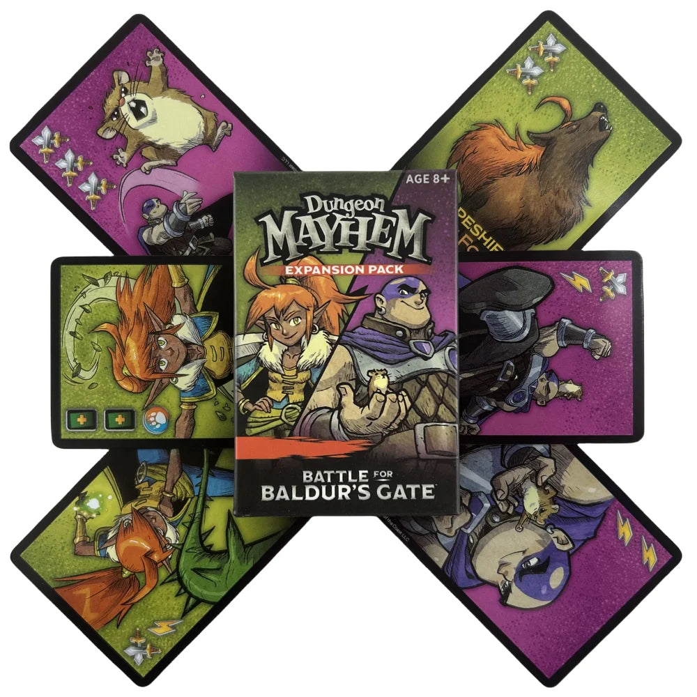 A set of Dungeon Mayhem expansion packs and cards featuring fantasy creatures like a horned beast and various monster charact