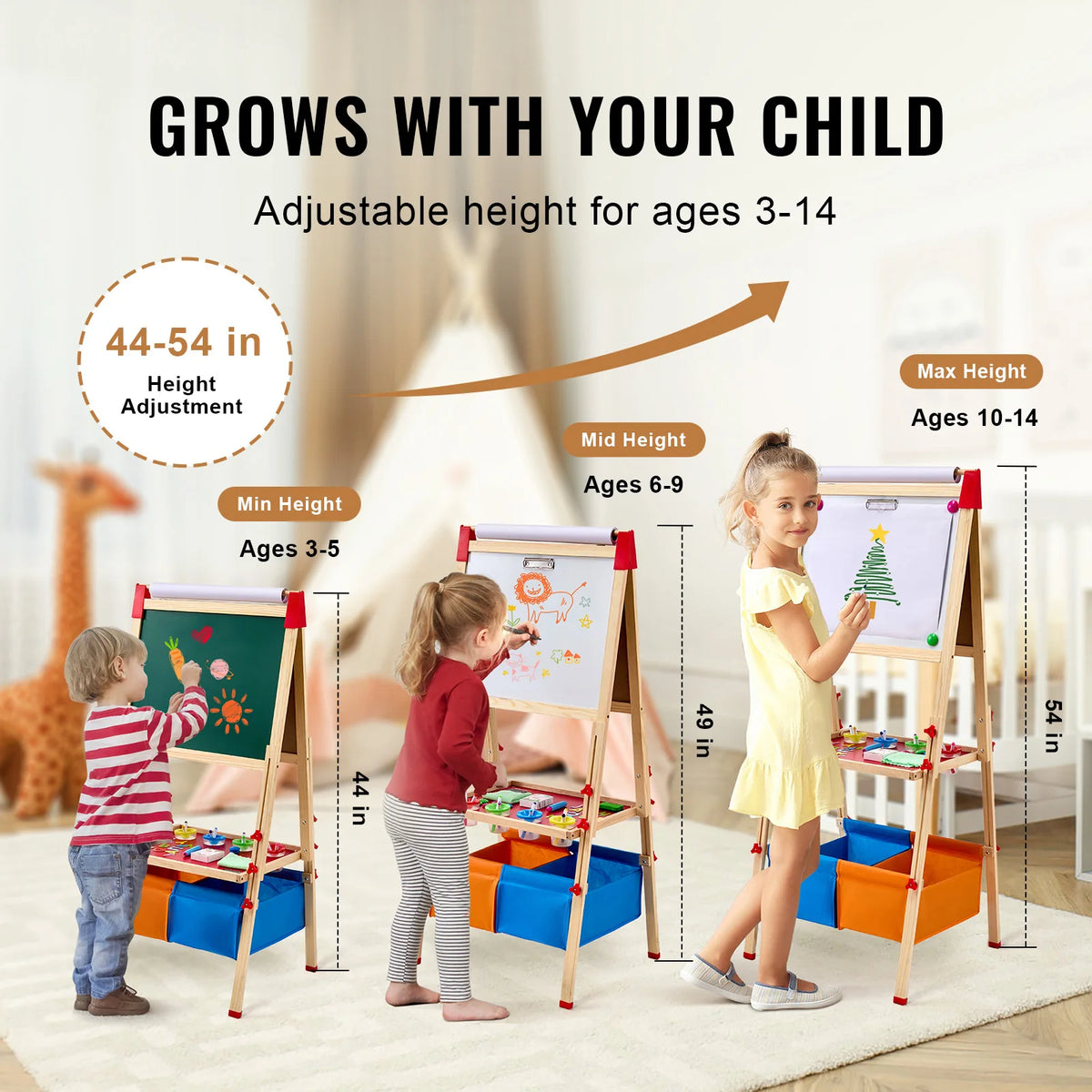 Adjustable height magnetic art easel for children ages 3-14 with chalkboard and whiteboard features