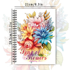 A spiral-bound colouring book featuring a floral design with various flowers and leaves.