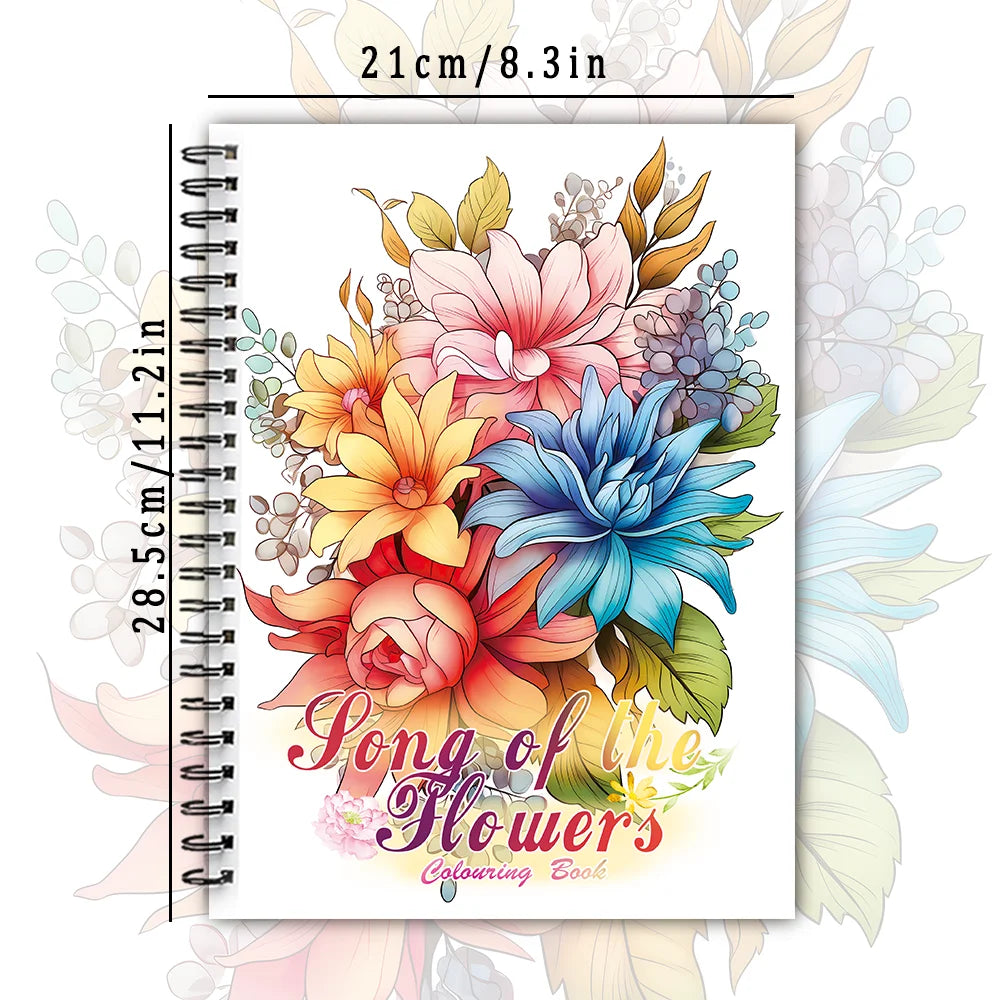 A spiral-bound colouring book featuring a floral design with various flowers and leaves.