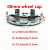 A diagram showing the dimensions of a 68mm wheel cap labeled A, B, and C.