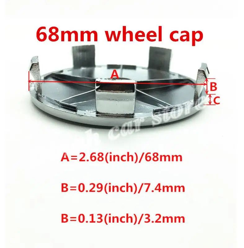 A diagram showing the dimensions of a 68mm wheel cap labeled A, B, and C.