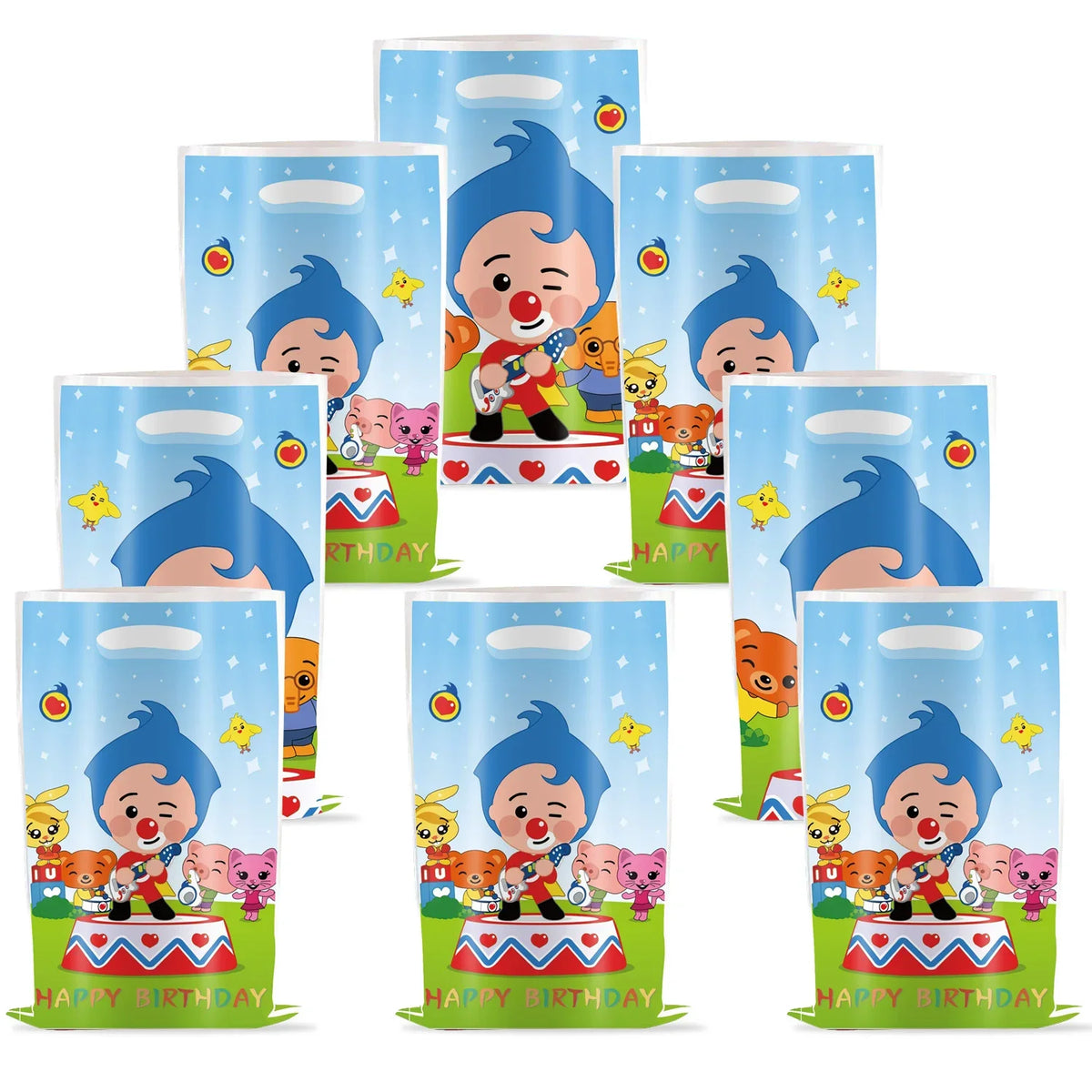 A set of colorful balloon party decorations featuring circus clown characters and birthday themes.