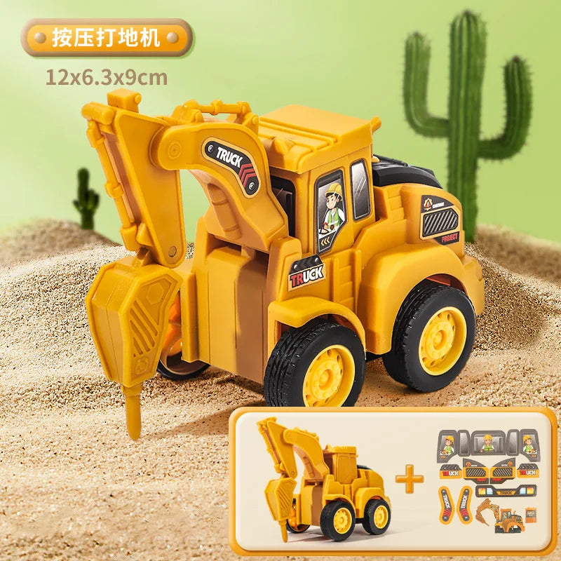 Un modèle de camion en métal jaune est montré sur du sable, avec des pièces d'accessoires affichées en dessous.