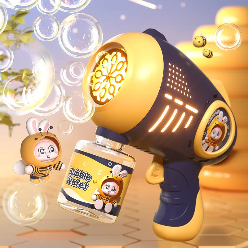 A yellow automatic bubble machine with lights and music is shown spraying bubbles against a blurred background.