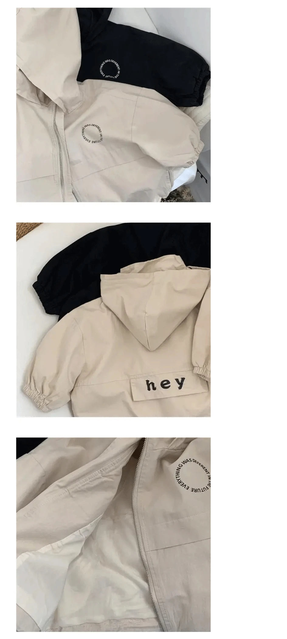 A beige kids hooded zip-up jacket with a black letter print on the chest.