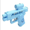 Light blue prank gun toy with a barrel and pump mechanism.