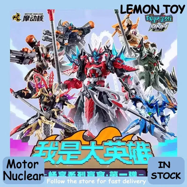 Colección de modelos mecha altamente detallados en varias poses y colores, con una figura blindada roja y negra.