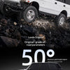 A white Land Rover Discovery off-road vehicle is shown with various ground clearance and climbing angle specifications.