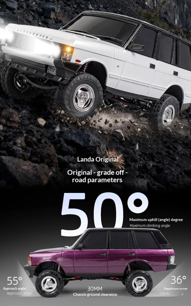 A white Land Rover Discovery off-road vehicle is shown with various ground clearance and climbing angle specifications.
