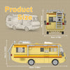 A yellow model kit of an RV shown in side view and top-down perspective with scale dimensions.
