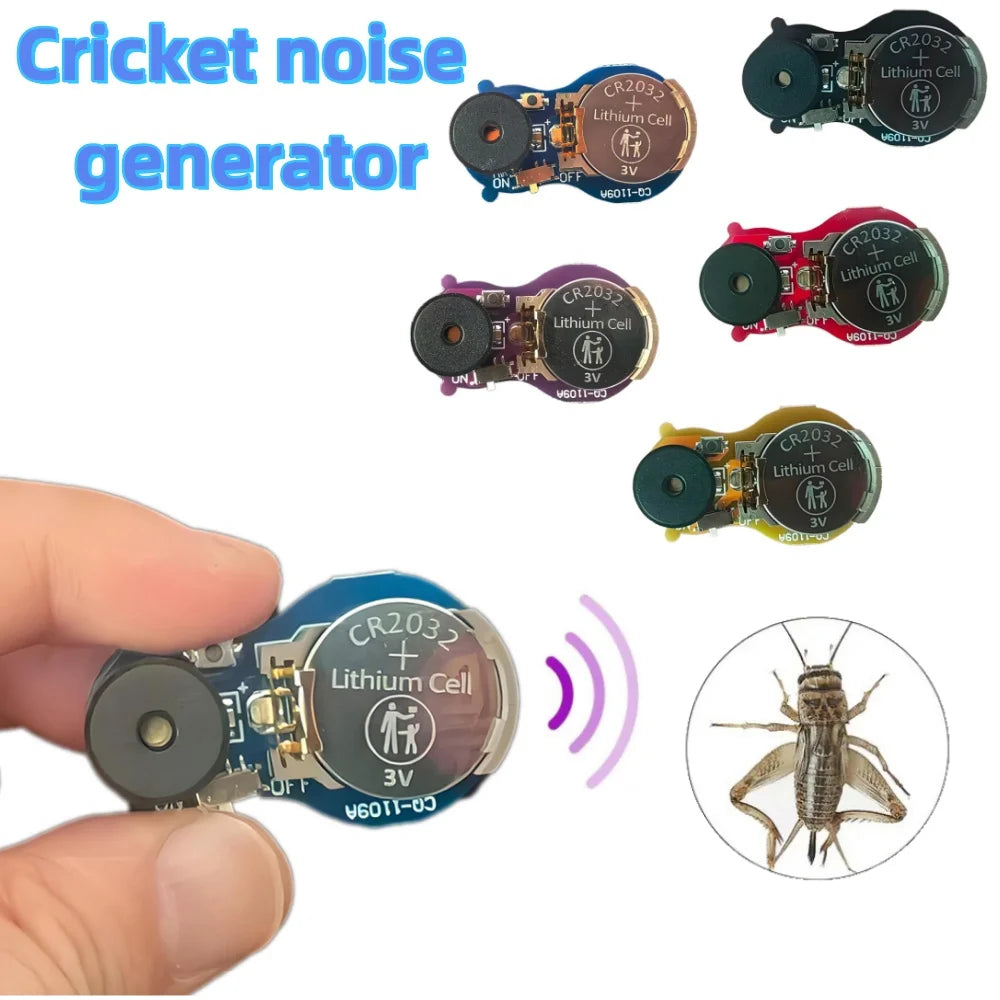 Several versions of a cricket noise generator device are shown, including different colored and labeled units.