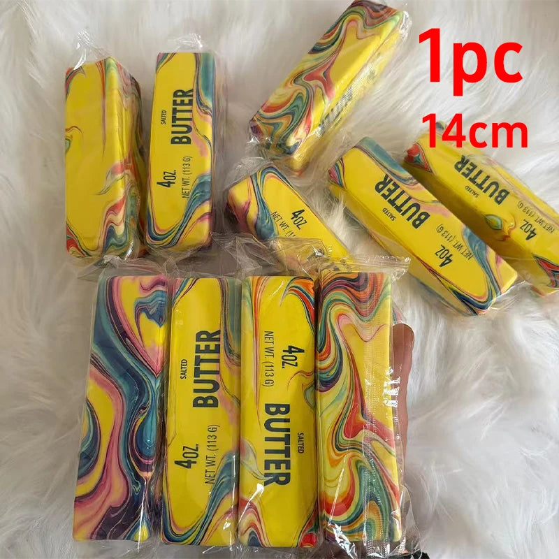 A pack of colorful squishy butter toys in yellow and multi-colored designs for stress relief