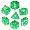 A set of seven green marble effect polyhedral dice showing various numbers and angles.