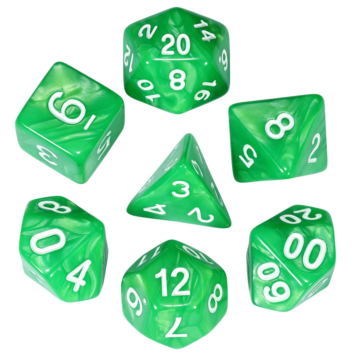 A set of seven green marble effect polyhedral dice showing various numbers and angles.