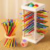 A wooden counting stick and balance toy with colorful rods stacked in a white wooden frame for early math learning.