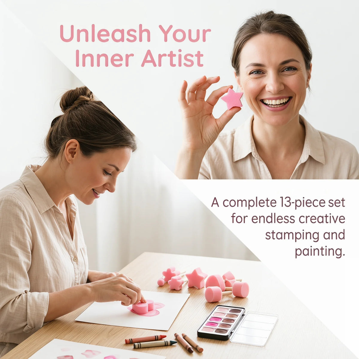 A woman is shown using a 13-piece set for endless creative stamping and painting on paper.