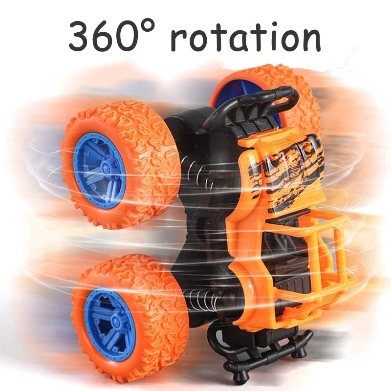 A black and orange four-wheel drive stunt car is shown demonstrating 360 degree rotation.