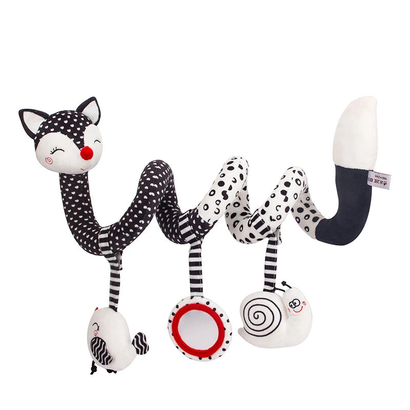 A black and white striped fox-like sensory rattle toy with a long neck, designed for use in strollers or car seats.