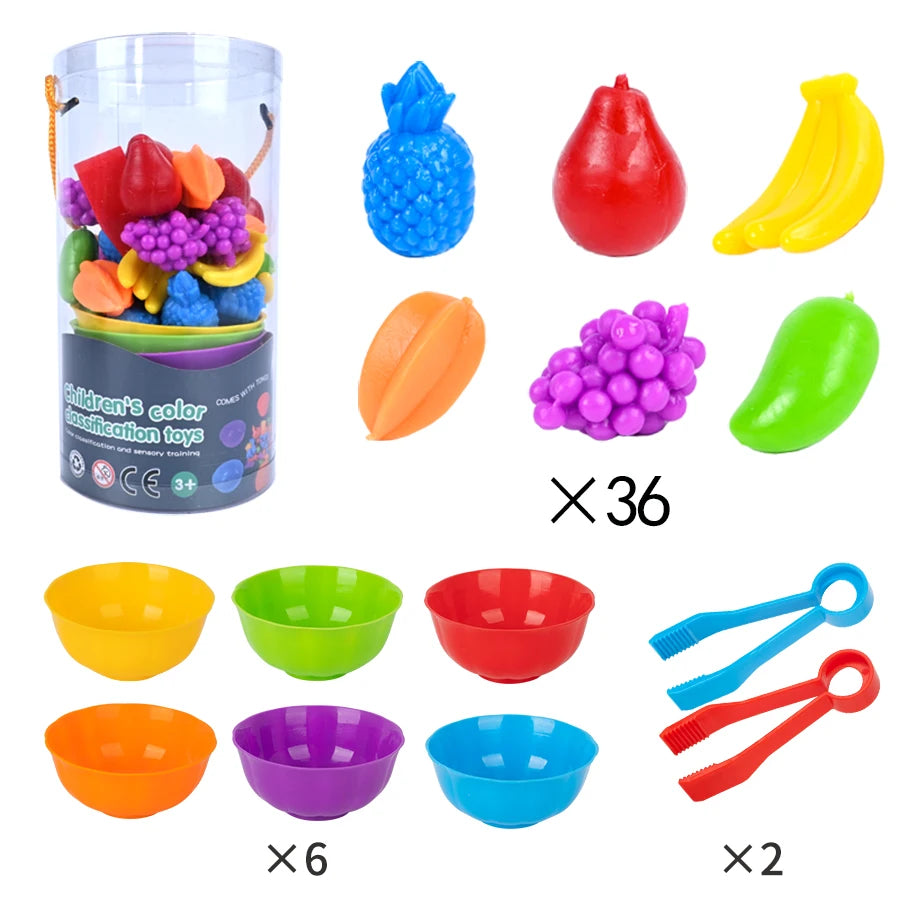 A set of 36 counting animal toys and sorting bowls in various colors like red, yellow, green, purple, and blue.