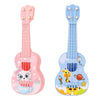 Pink mini ukulele toy for kids with adjustable tuning featuring a cat design