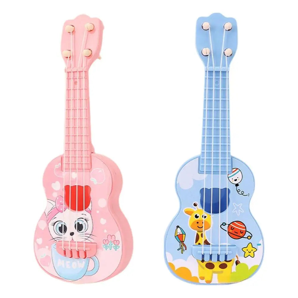 Pink mini ukulele toy for kids with adjustable tuning featuring a cat design