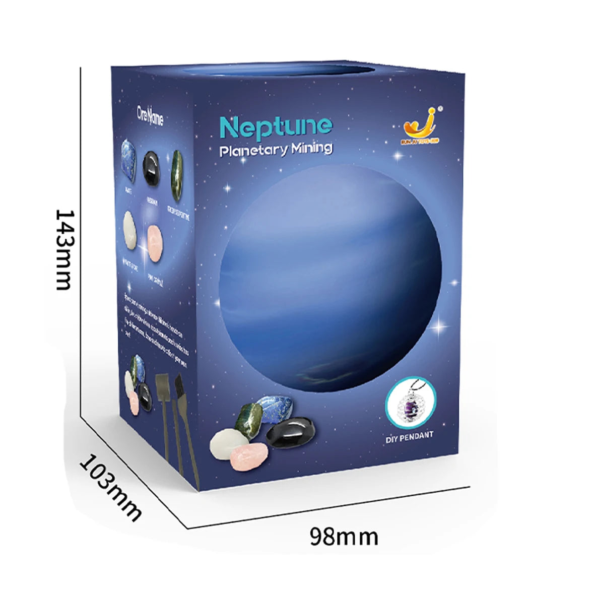 A box containing a Neptune Planetary Mining kit with various gems and tools for young explorers.