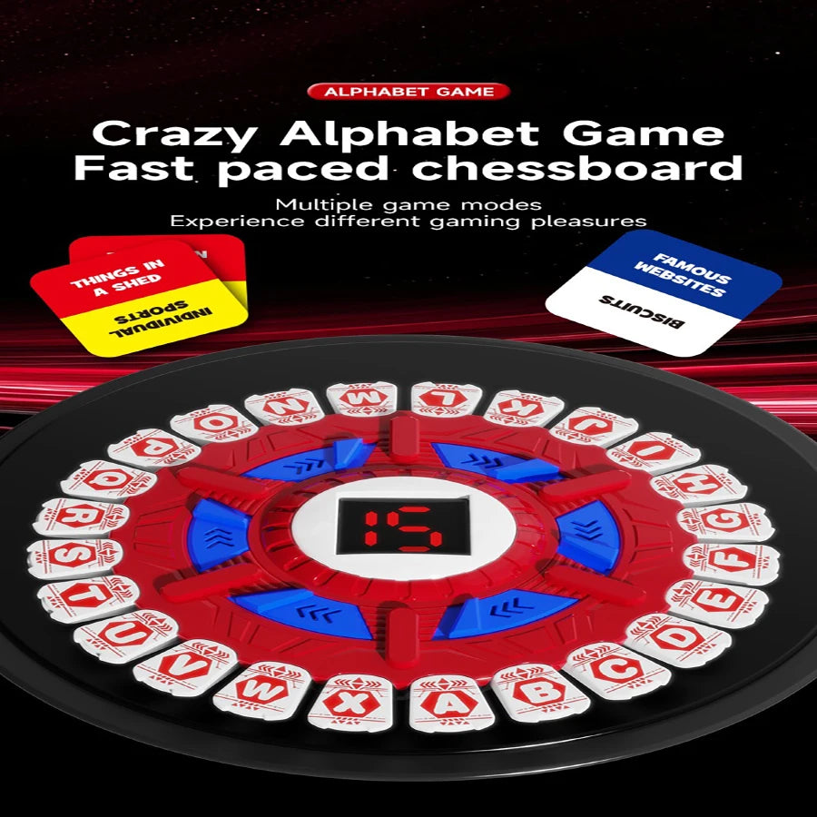 A red and black alphabet game board with various letter tiles and a central display.
