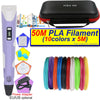 A purple 3D printing pen with an LCD display and a black carrying case, showing various colored PLA filaments.