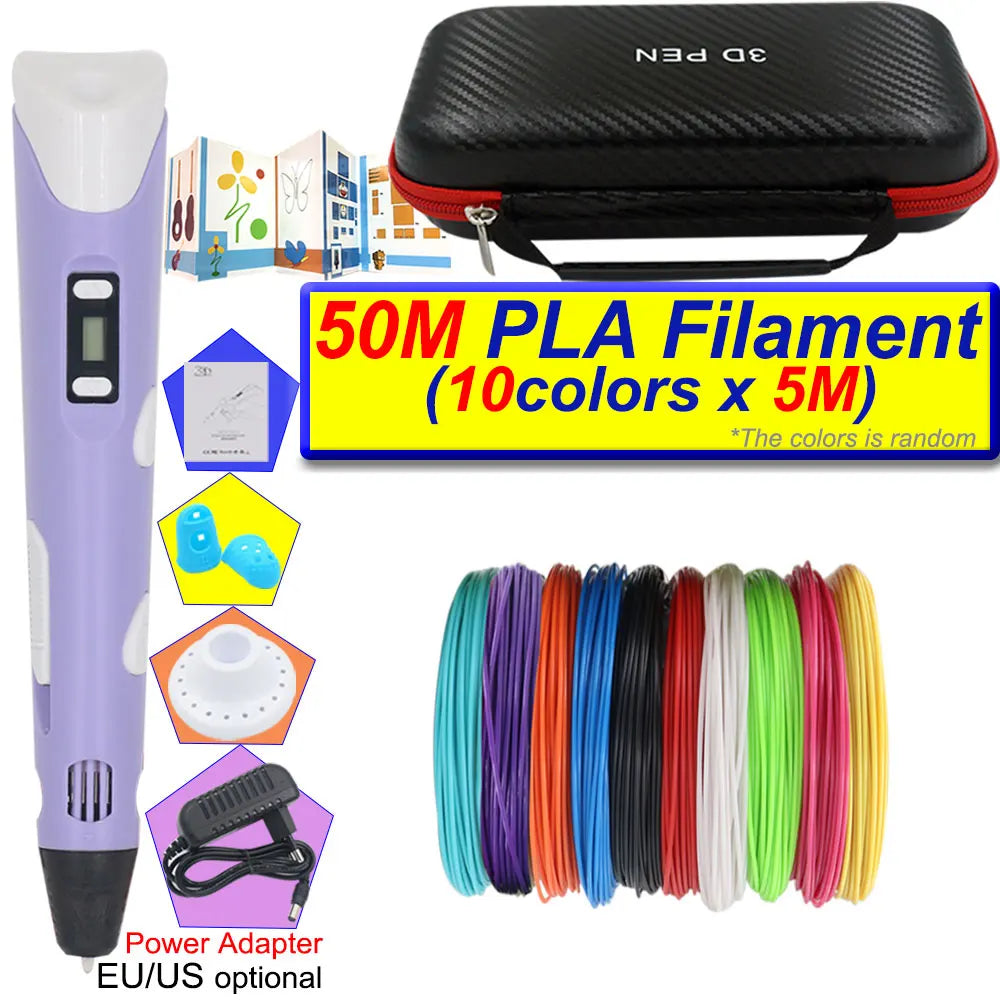 A purple 3D printing pen with an LCD display and a black carrying case, showing various colored PLA filaments.