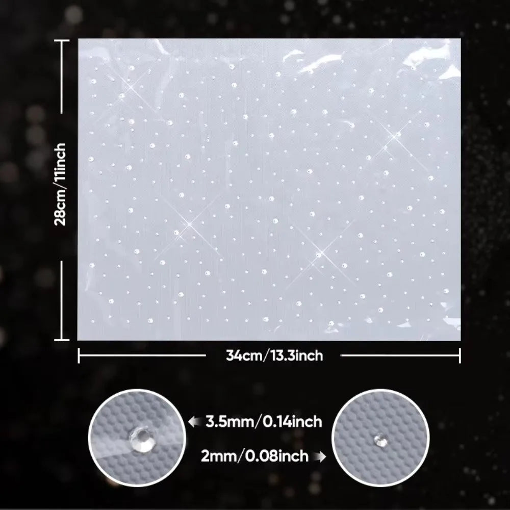 A sheet of clear rhinestone sticker dots is shown next to a measuring scale and a circular view of the product.