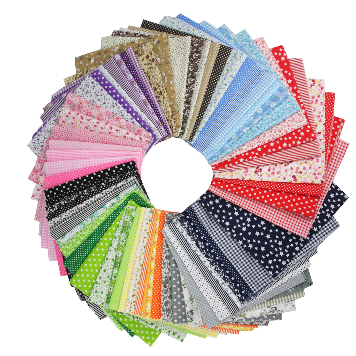 A circular display of various colorful cotton fabric squares for quilting and patchwork.