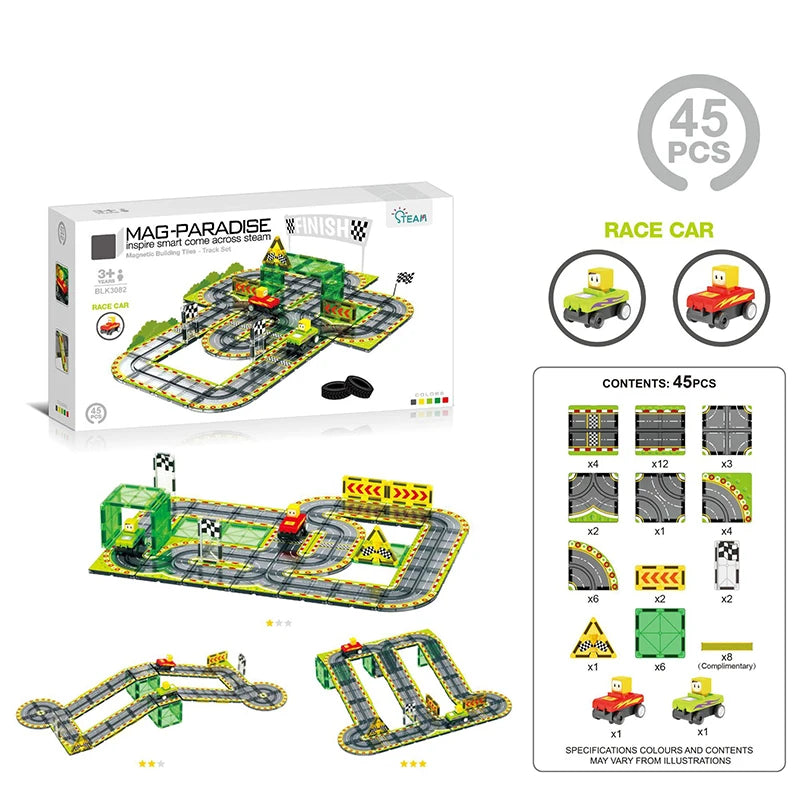 A box of Mag-Paradise magnetic building tiles featuring a road and rail track with an electric car.