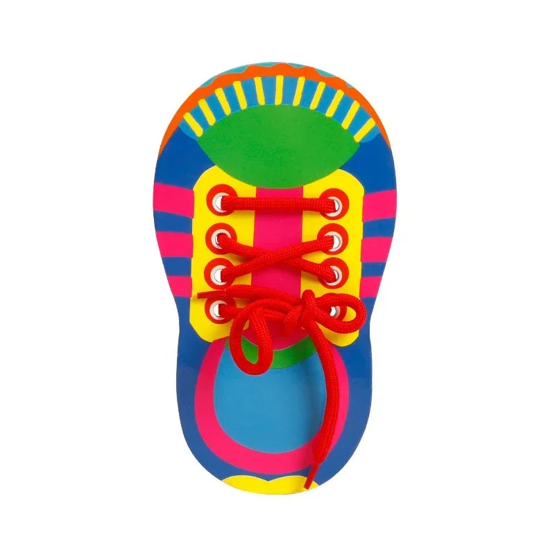 Buntes Spielzeug-Set für Kleinkinder mit Schuh und verschiedenen farbigen Teilen.