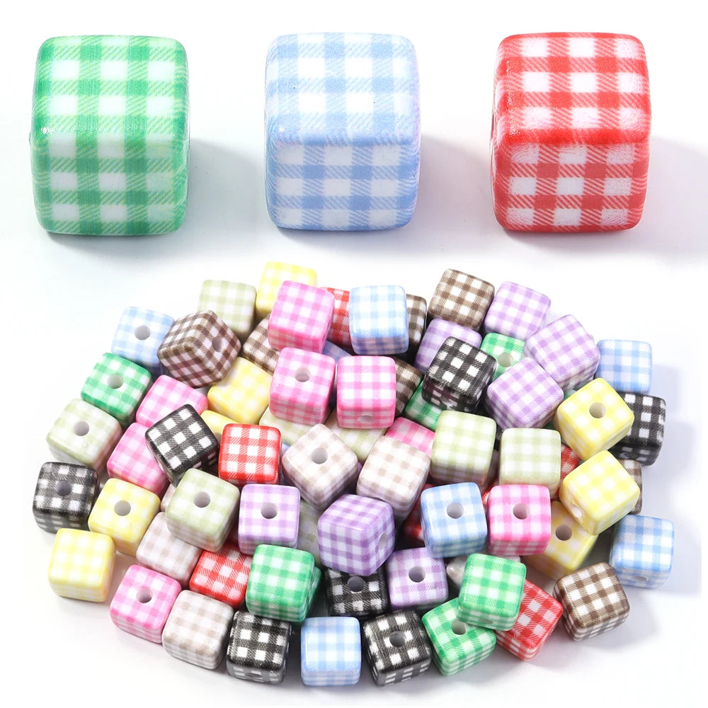 Classic Plaid Acrylic Cube Beads for Jewelry Making
