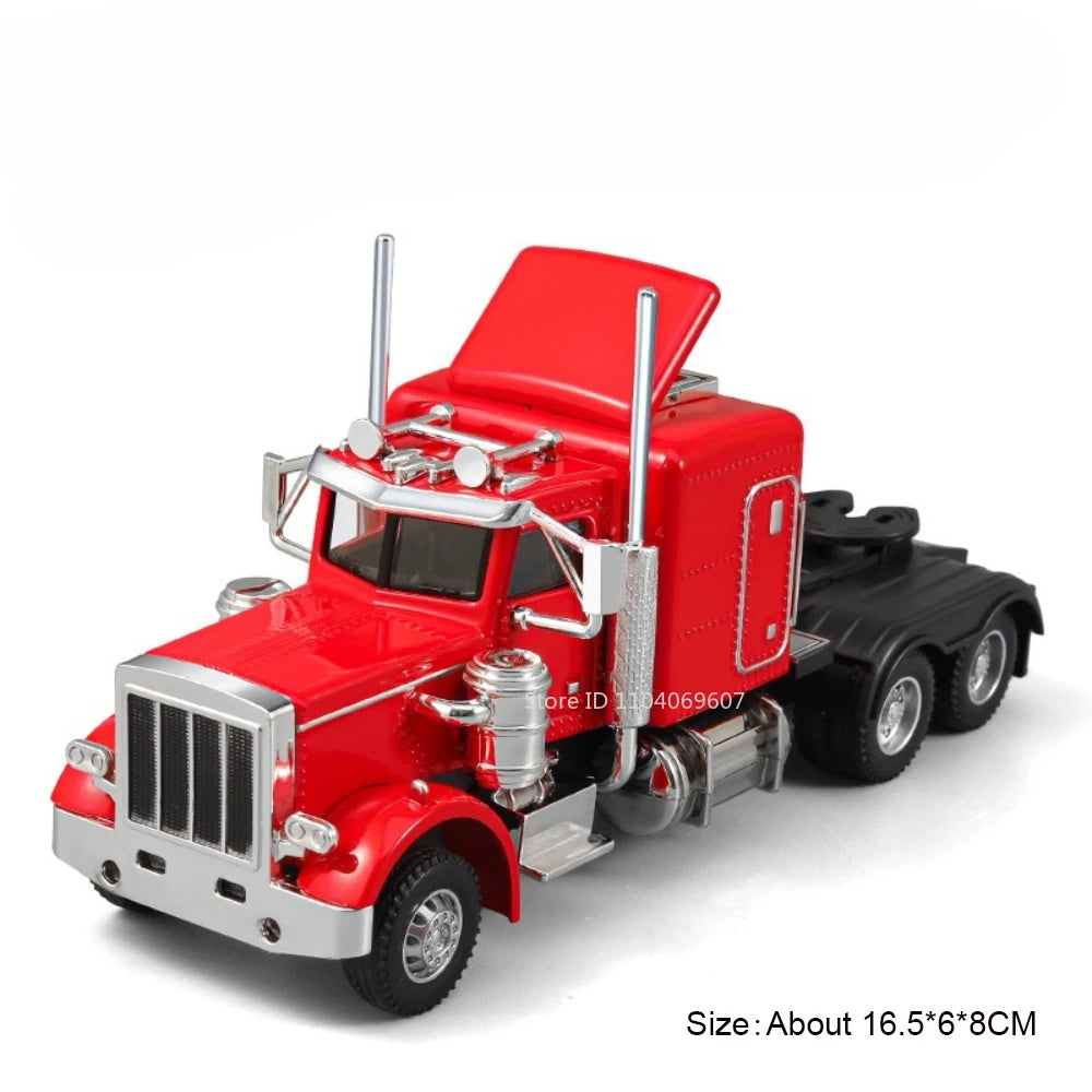 A red diecast container truck model with chrome accents and a grille is shown in a side view.