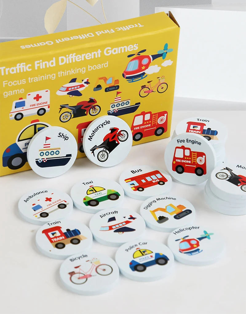 A box of Traffic Find Different Games featuring various vehicles like fire engines, trains, and motorcycles for a children's 