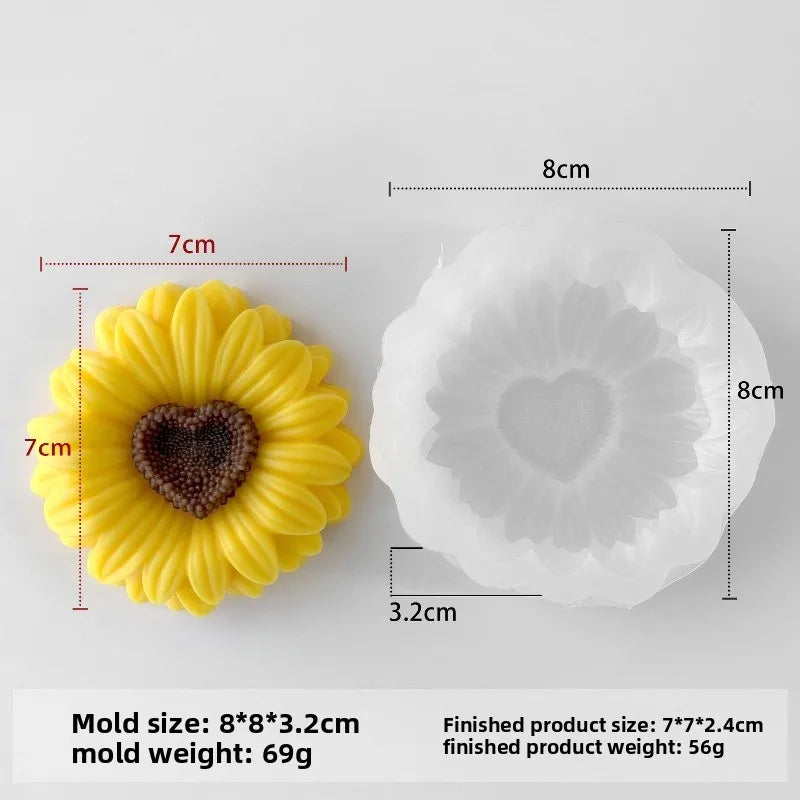 A yellow sunflower silicone mold with a heart center and a white silicone mold shown next to its dimensions.